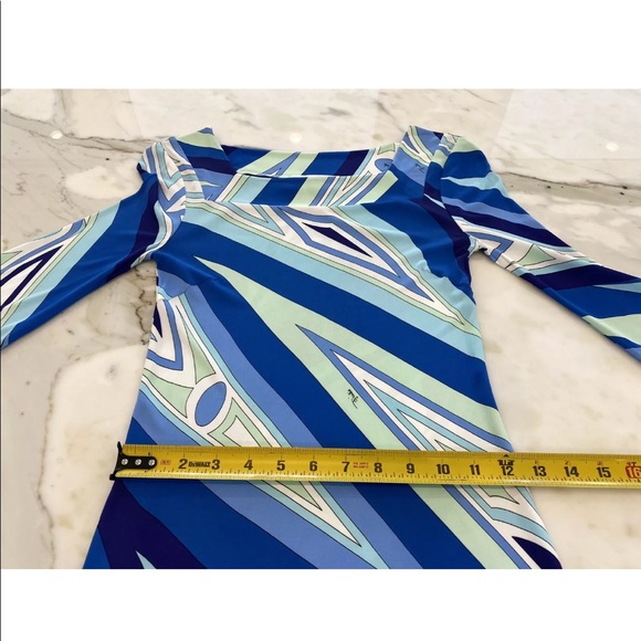 EMILIO PUCCI BLUE MULTI SQUARE NECK BELL SLEEVE DRESS SIZE IT 38 / US 4 - Picture 9 of 16
